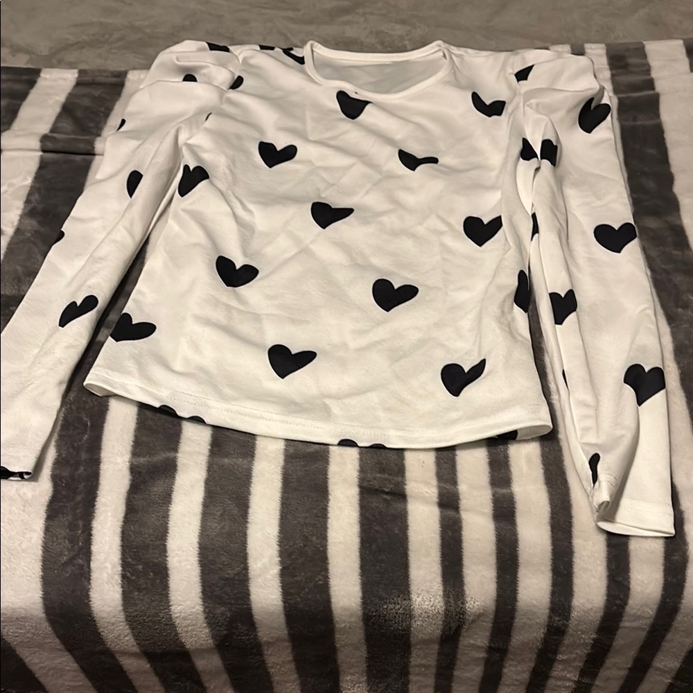 White Long Sleeve Top with Black Heart Pattern